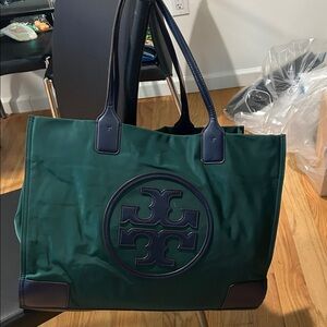 Tory Burch Green and Navy Tote Bag